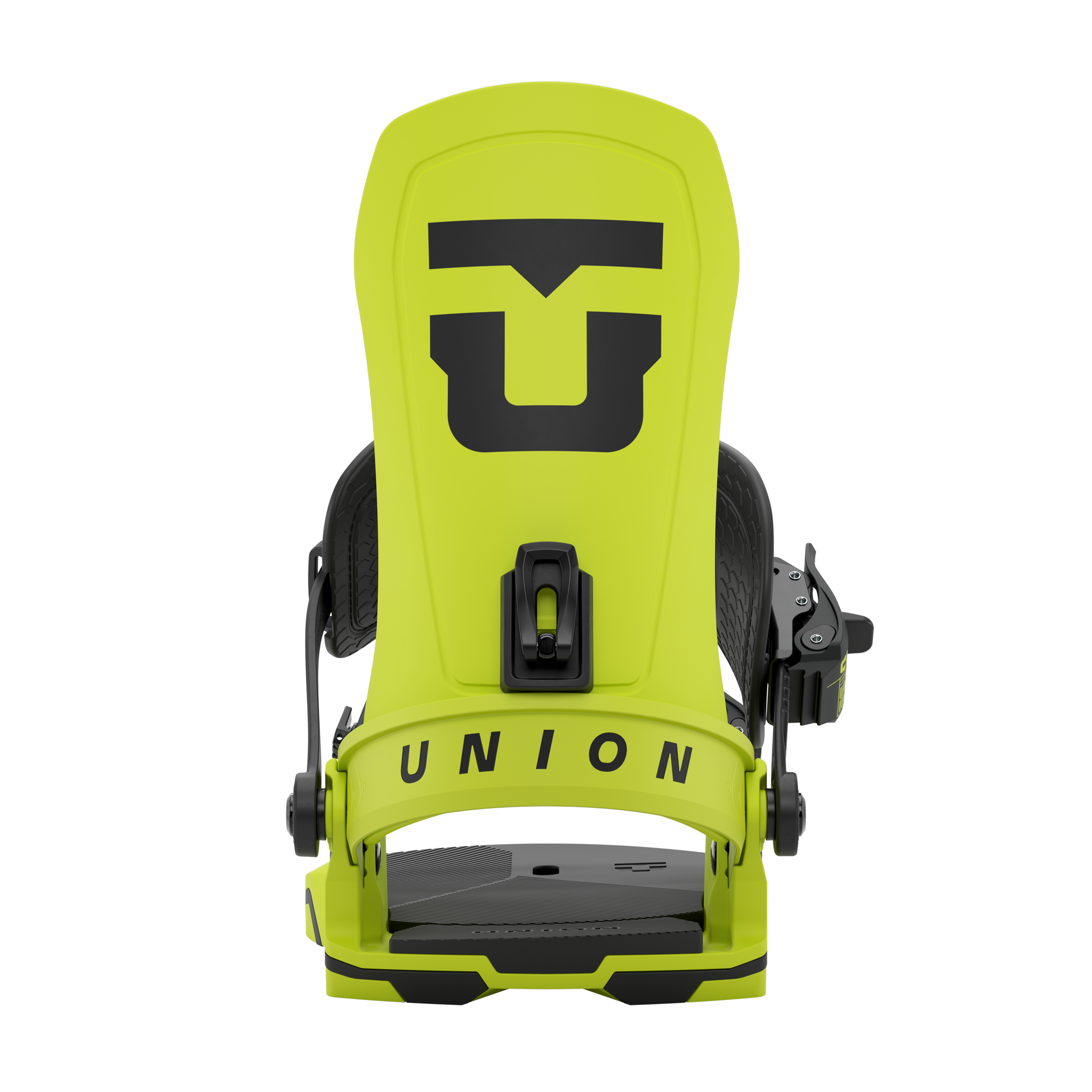 Union Force Snowboard Binding - A lime green snowboard binding with a black logo on top and black buckles.