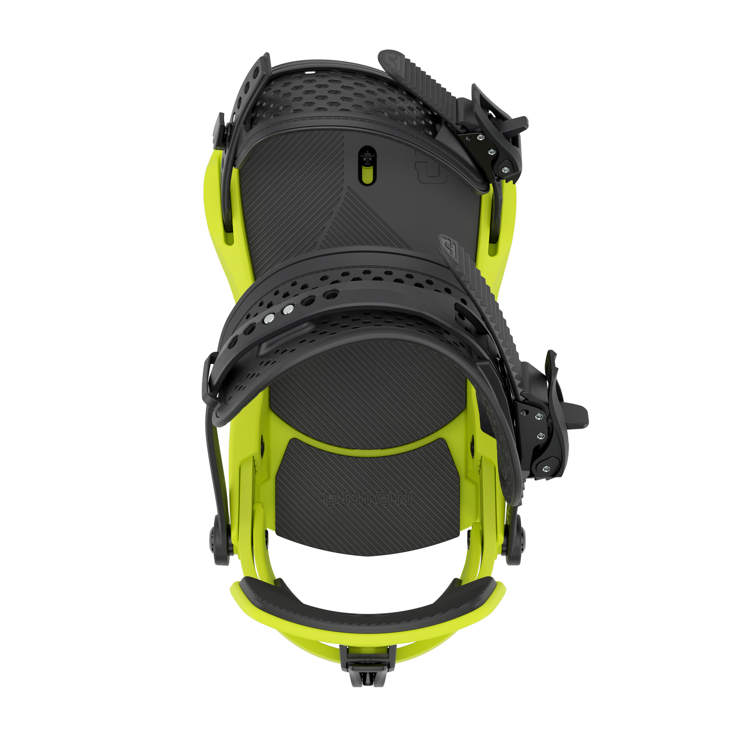 Union Force Snowboard Binding - A black snowboard binding with a neon green baseplate and straps.