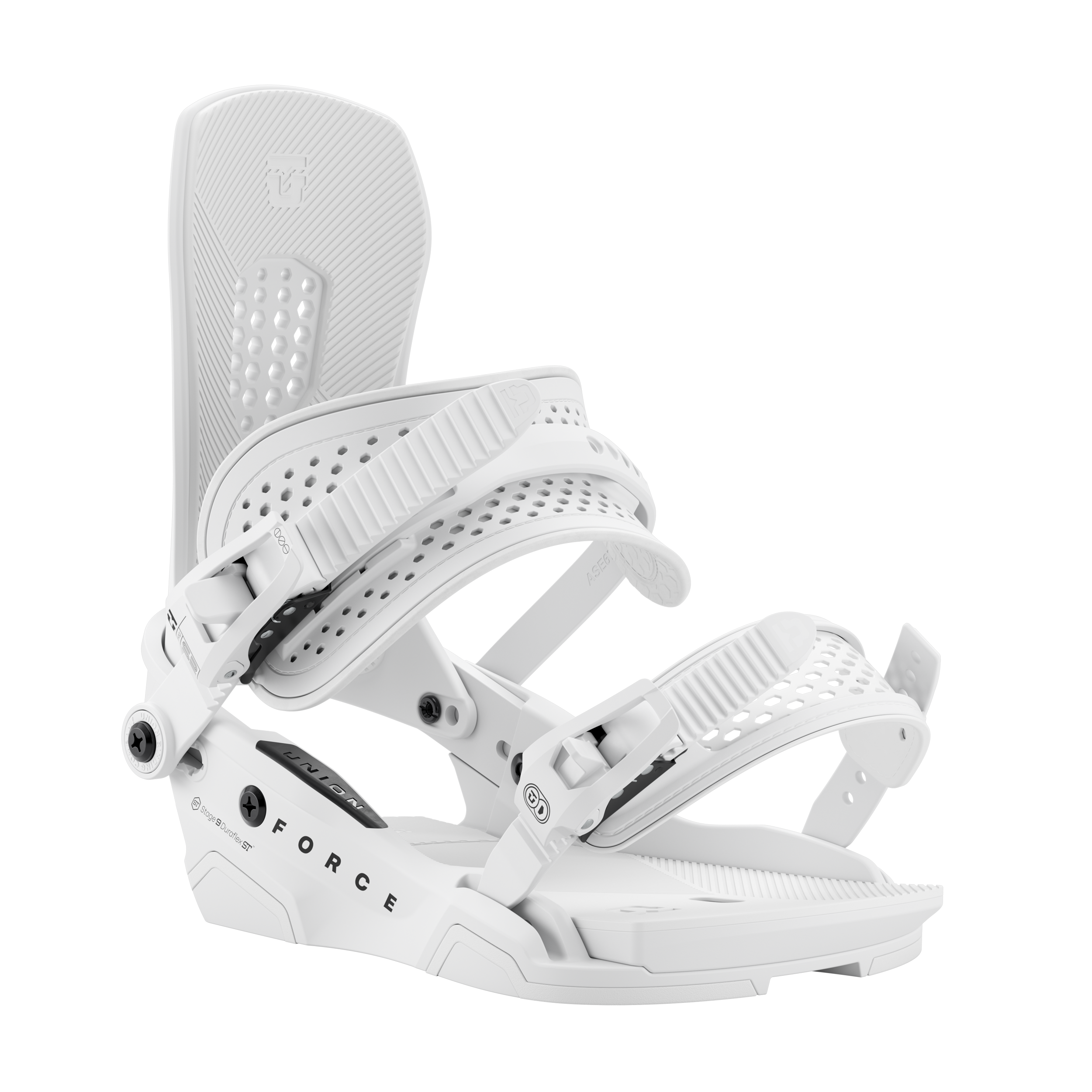 Union Force - White snowboard binding with black screws and buckles.