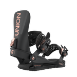 Union Women's Juliet Snowboard Binding - A black snowboard binding with rose gold buckles and a rose gold logo on the strap.