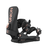 Union Women's Juliet Snowboard Binding - A black snowboard binding with rose gold buckles and a rose gold logo on the strap.