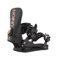 Union Women's Juliet Snowboard Binding - A black snowboard binding with rose gold buckles and a rose gold logo on the strap.