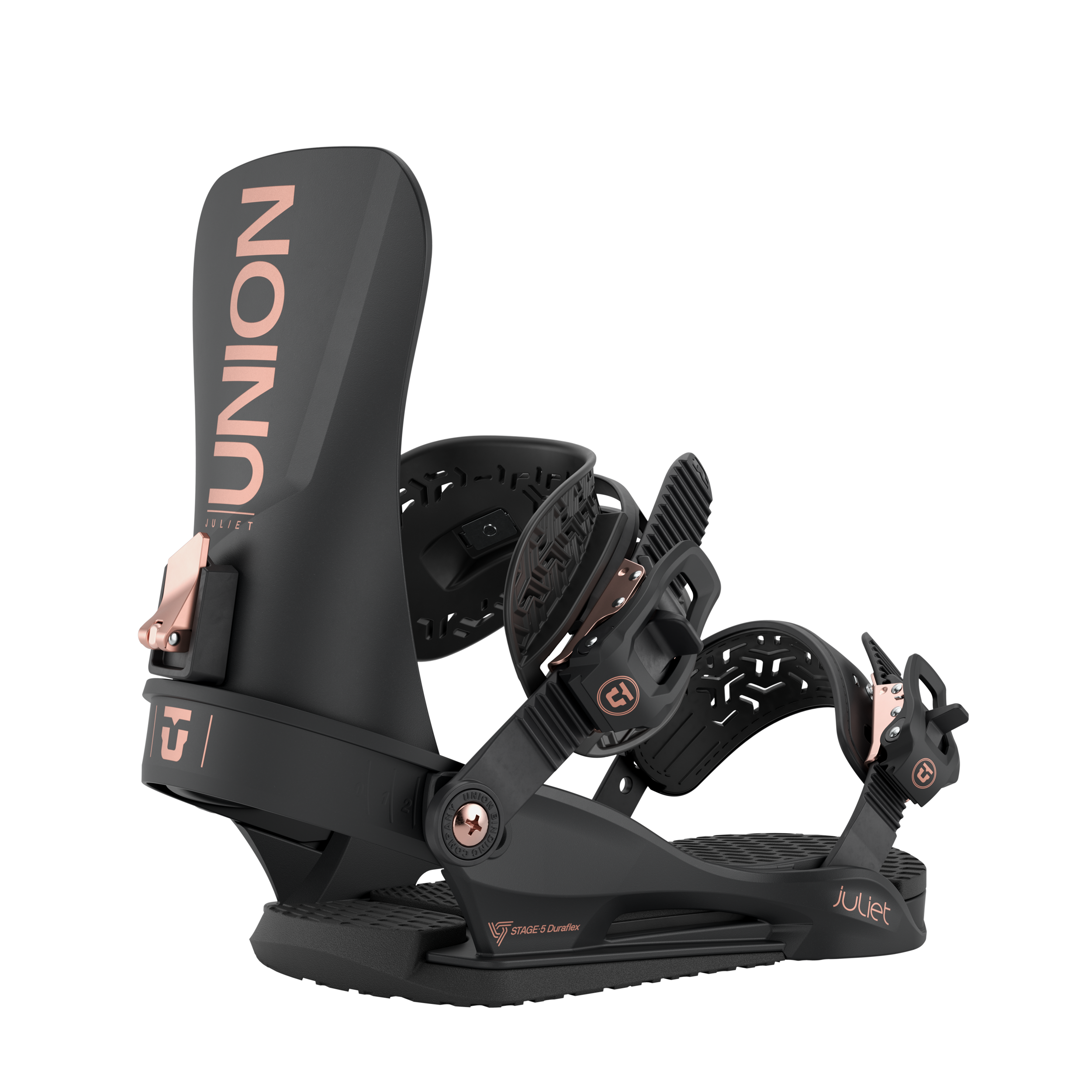Union Women's Juliet Snowboard Binding - A black snowboard binding with rose gold buckles and a rose gold logo on the strap.