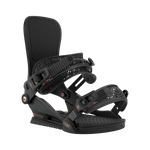 Union Women's Juliet Snowboard Binding - Black snowboard binding with rose gold buckles and a geometric pattern on the straps.