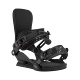 Union Women's Juliet Snowboard Binding - Black snowboard binding with rose gold buckles and a geometric pattern on the straps.