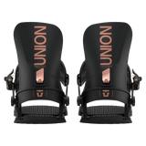 Union Women's Juliet Snowboard Binding - A black snowboard binding with rose gold accents and a woven carbon fiber strap.