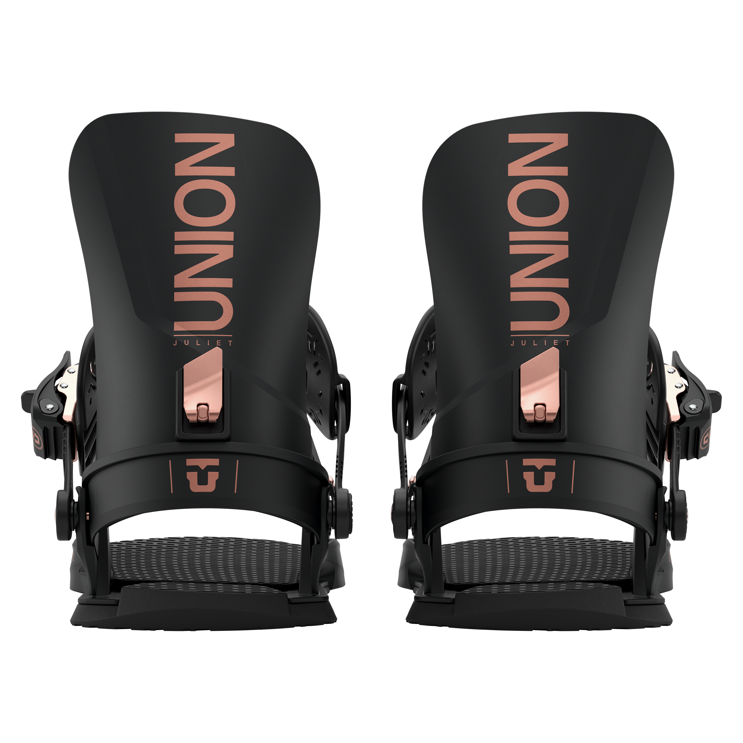 Union Women's Juliet Snowboard Binding - A black snowboard binding with rose gold accents and a woven carbon fiber strap.