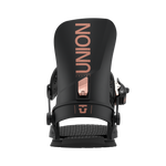 Union Women's Juliet Snowboard Binding - A black snowboard binding with rose gold buckles and straps, featuring a sleek design with a subtle pattern on the strap.