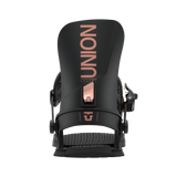 Union Women's Juliet Snowboard Binding - A black snowboard binding with rose gold buckles and straps, featuring a sleek design with a subtle pattern on the strap.
