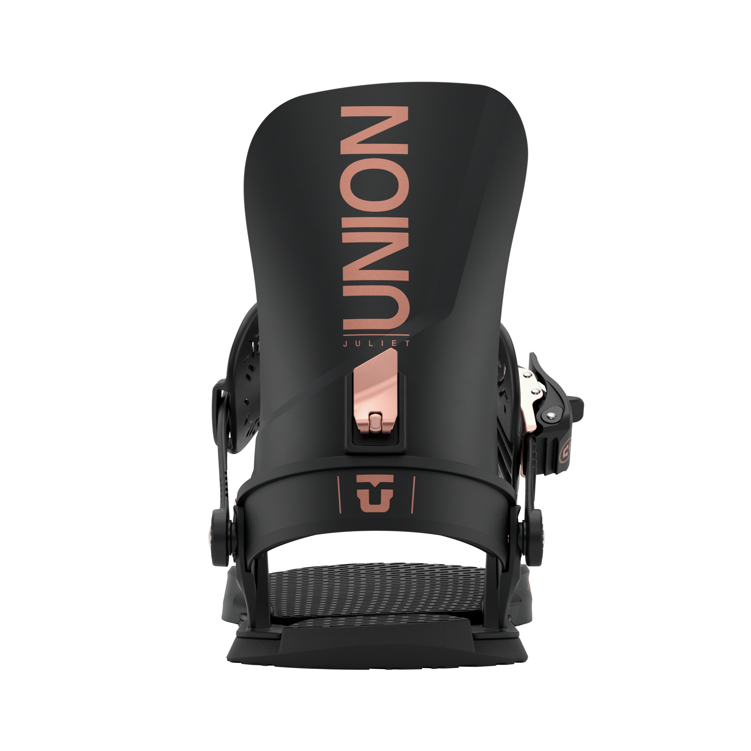 Union Women's Juliet Snowboard Binding - A black snowboard binding with rose gold buckles and straps, featuring a sleek design with a subtle pattern on the strap.