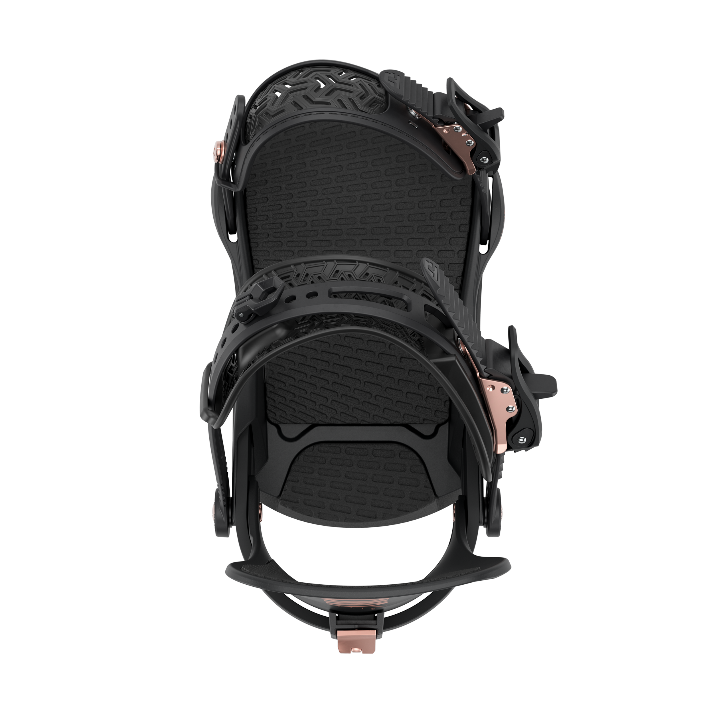 Union Women's Juliet Snowboard Binding - Black binding with rose gold buckles and straps, featuring a geometric pattern on the strap.
