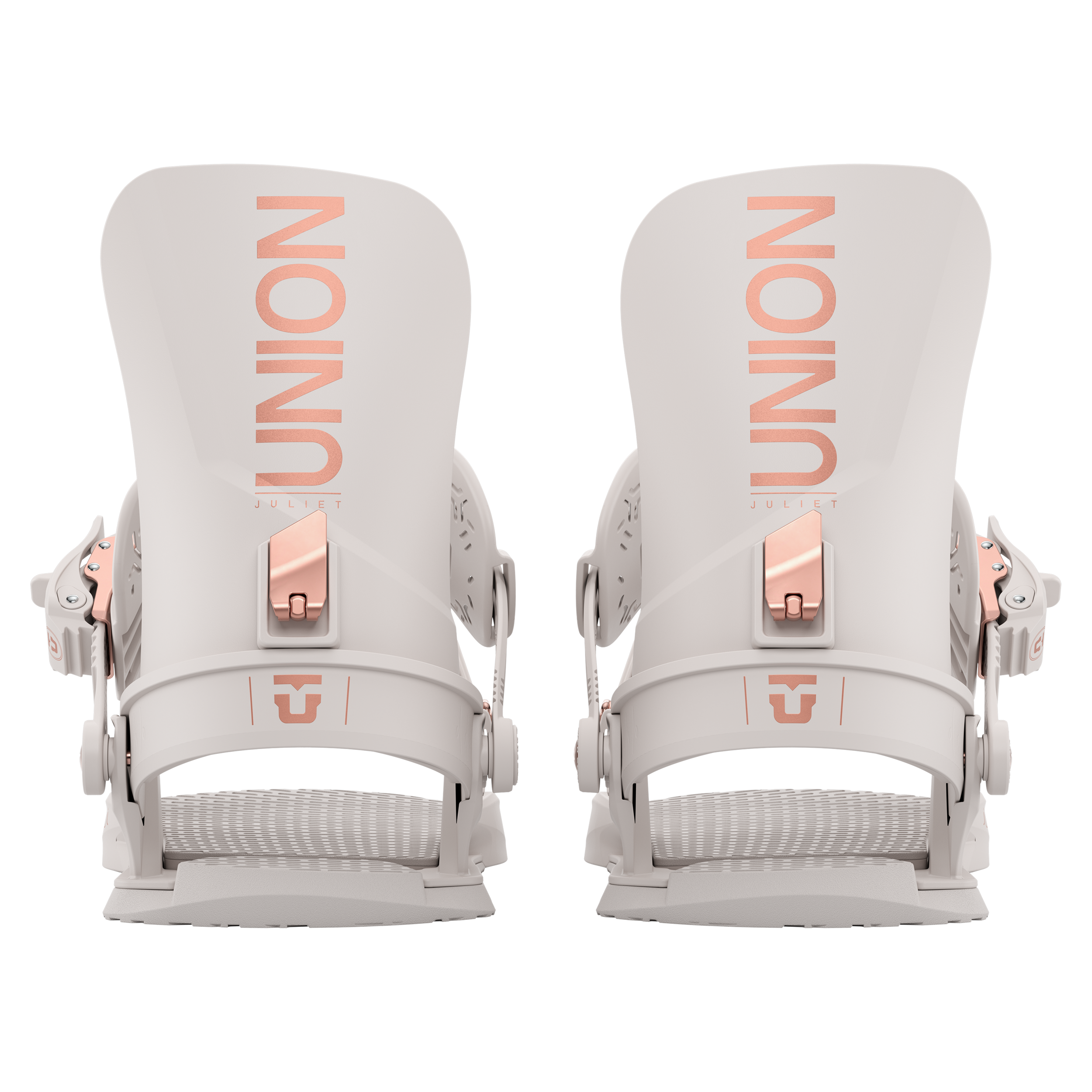 Union Women's Juliet Snowboard Binding - A light gray snowboard binding with rose gold buckles and straps, featuring a sleek design with a subtle pattern on the baseplate.