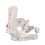 Union Women's Juliet Snowboard Binding - A white snowboard binding with rose gold buckles and a rose gold logo on the strap.