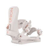 Union Women's Juliet Snowboard Binding - A white snowboard binding with rose gold buckles and a rose gold logo on the strap.