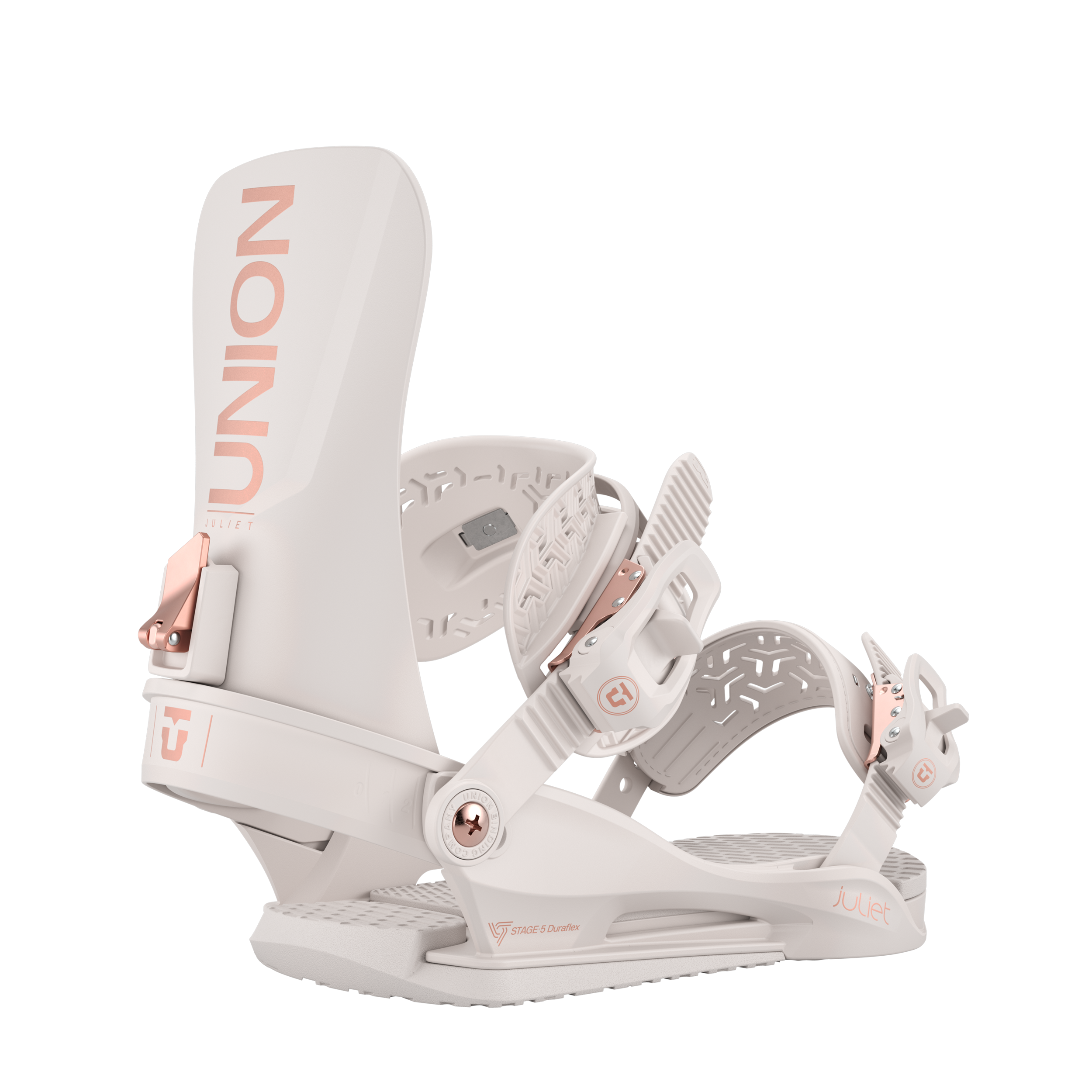 Union Women's Juliet Snowboard Binding - A white snowboard binding with rose gold buckles and a rose gold logo on the strap.