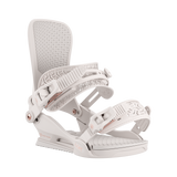 Union Women's Juliet Snowboard Binding - A white snowboard binding with a rose gold buckle and strap hardware, featuring a geometric pattern on the straps.