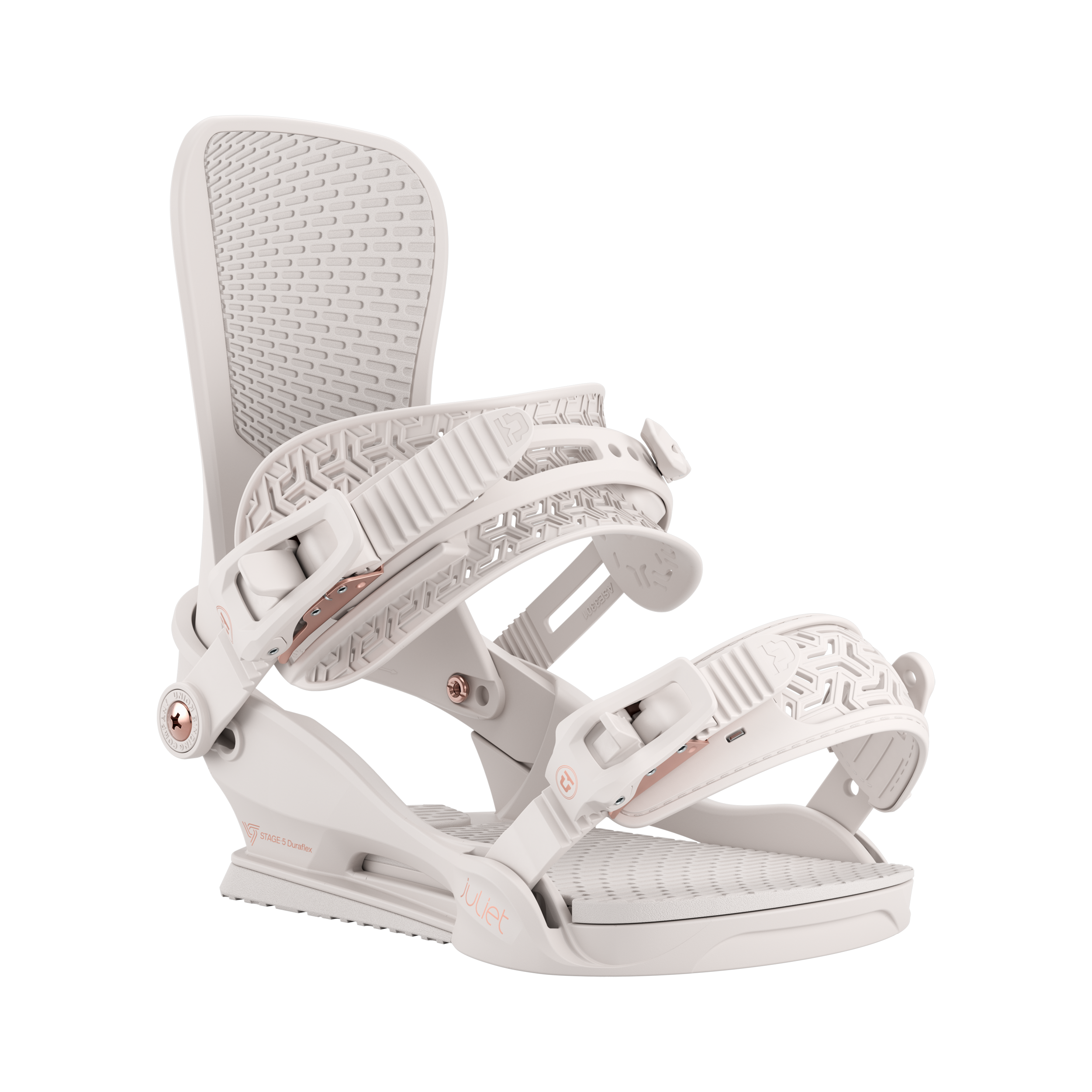 Union Women's Juliet Snowboard Binding - A white snowboard binding with a rose gold buckle and strap hardware, featuring a geometric pattern on the straps.