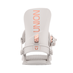 Union Women's Juliet Snowboard Binding - A white snowboard binding with rose gold buckles and straps, featuring a distinctive "UNION" logo on the top plate in matching rose gold color.