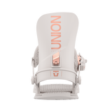 Union Women's Juliet Snowboard Binding - A white snowboard binding with rose gold buckles and straps, featuring a distinctive "UNION" logo on the top plate in matching rose gold color.