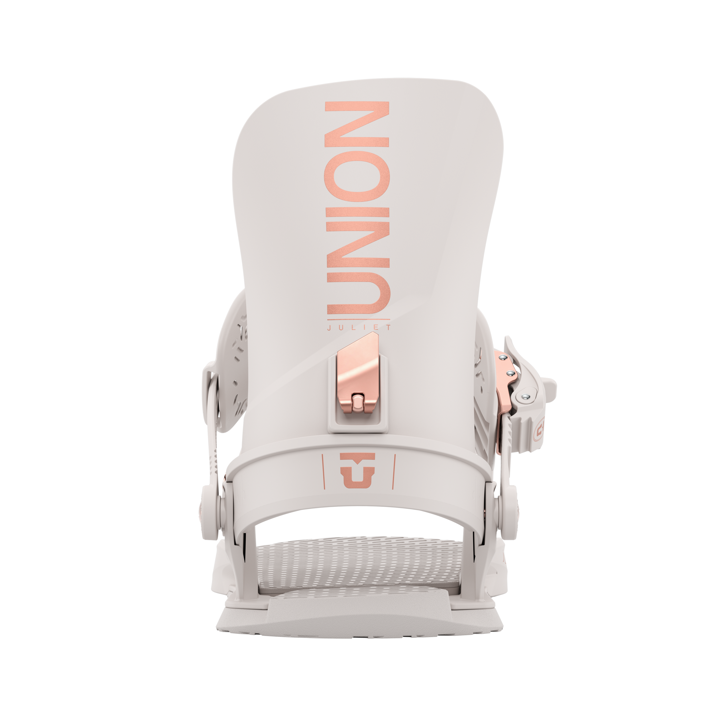 Union Women's Juliet Snowboard Binding - A white snowboard binding with rose gold buckles and straps, featuring a distinctive "UNION" logo on the top plate in matching rose gold color.