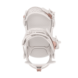 Union Women's Juliet Snowboard Binding - A white snowboard binding with rose gold buckles and straps, featuring a geometric pattern on the strap.