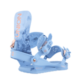 Union Women's Juliet Snowboard Binding - A light blue snowboard binding with a rose gold buckle and strap buckles, featuring a textured pattern on the baseplate.