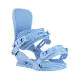 Union Women's Juliet Snowboard Binding - A light blue snowboard binding with a textured pattern on the straps and a geometric design etched into the baseplate.