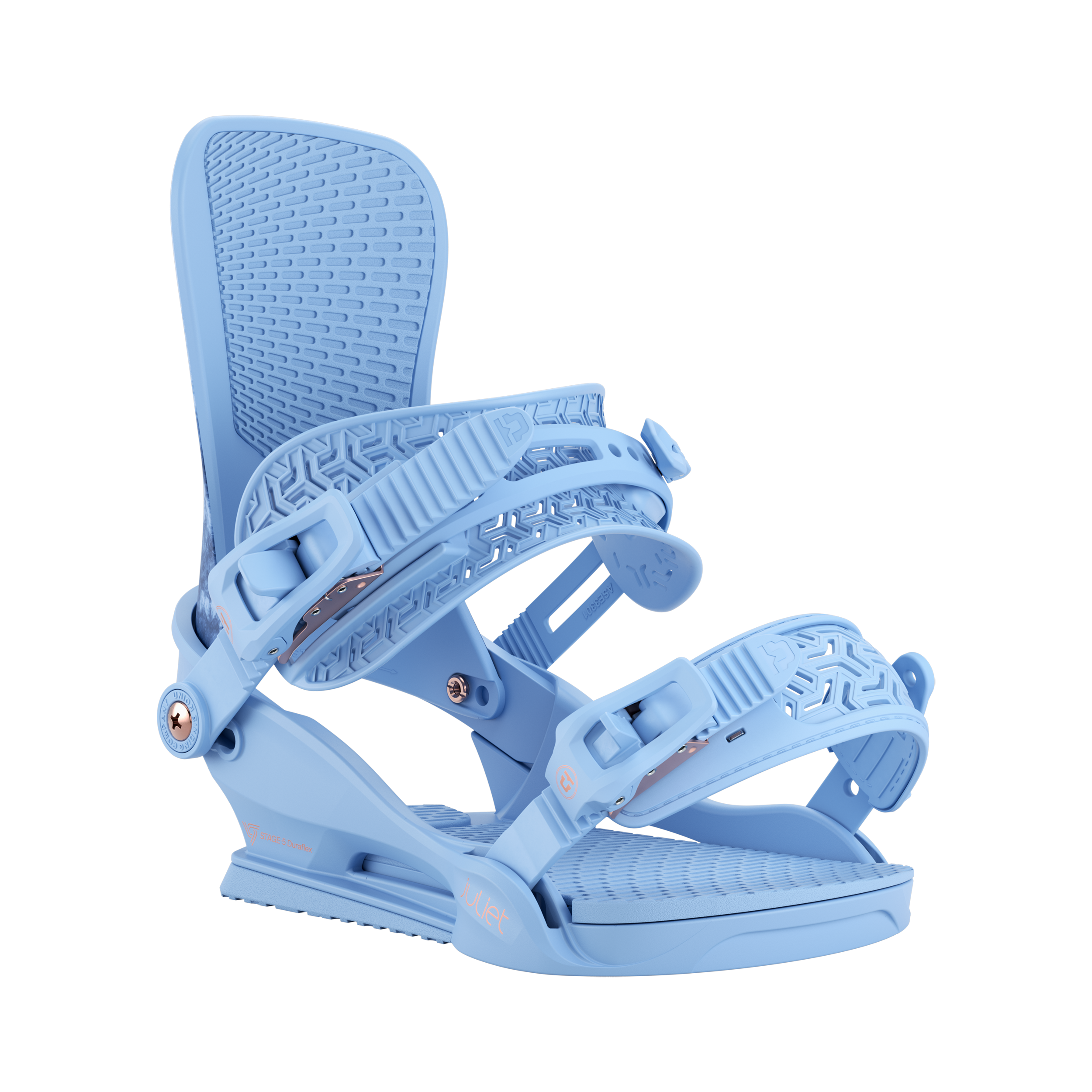 Union Women's Juliet Snowboard Binding - A light blue snowboard binding with a textured pattern on the straps and a geometric design etched into the baseplate.