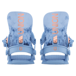 Union Women's Juliet Snowboard Binding - A light blue snowboard binding with a rose gold buckle and strap, featuring a marbled pattern on the baseplate.
