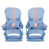 Union Women's Juliet Snowboard Binding - A light blue snowboard binding with a rose gold buckle and strap, featuring a marbled pattern on the baseplate.