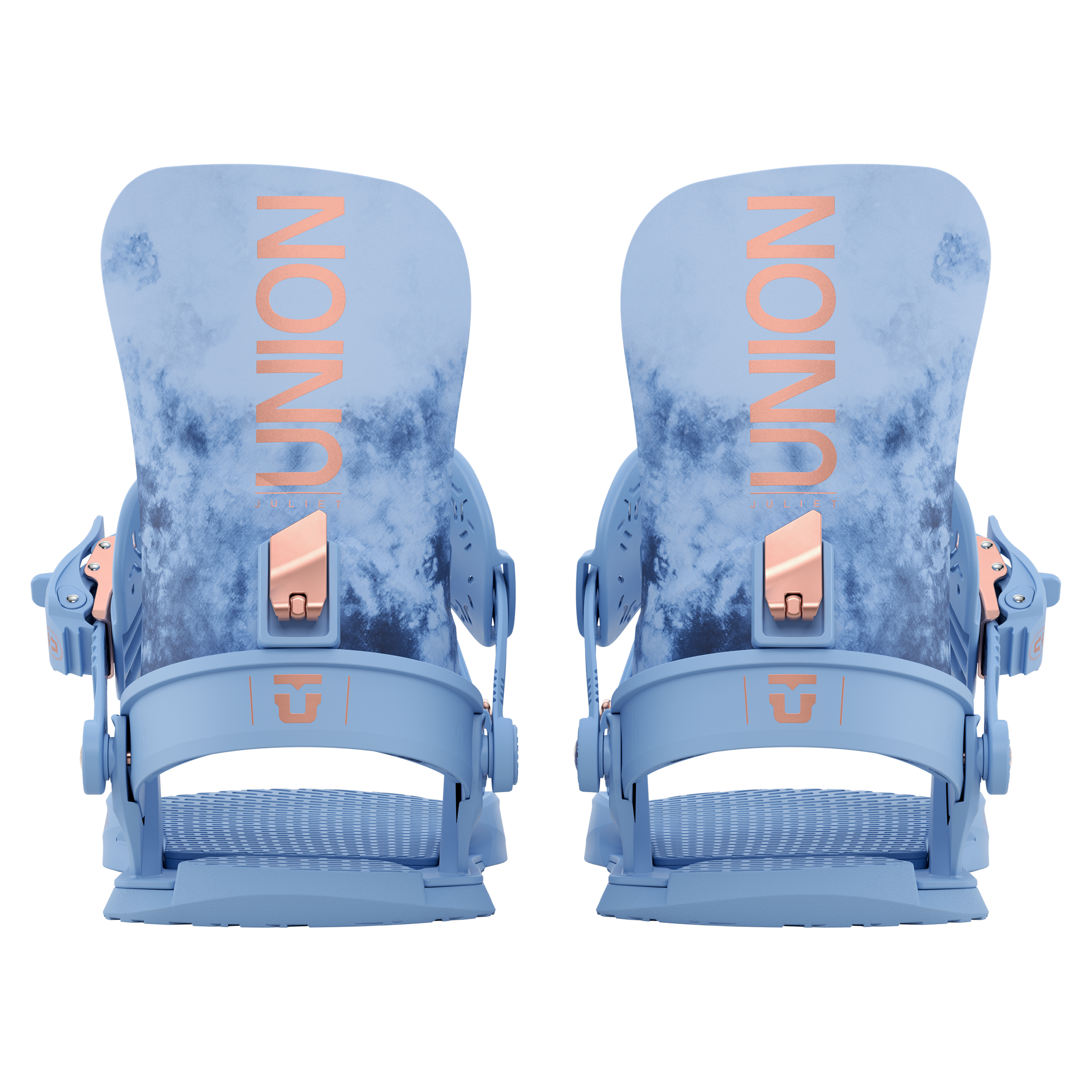 Union Women's Juliet Snowboard Binding - A light blue snowboard binding with a rose gold buckle and strap, featuring a marbled pattern on the baseplate.