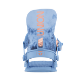 Union Women's Juliet Snowboard Binding - A light blue snowboard binding with a pink logo and hardware, featuring a marbled pattern on the baseplate.