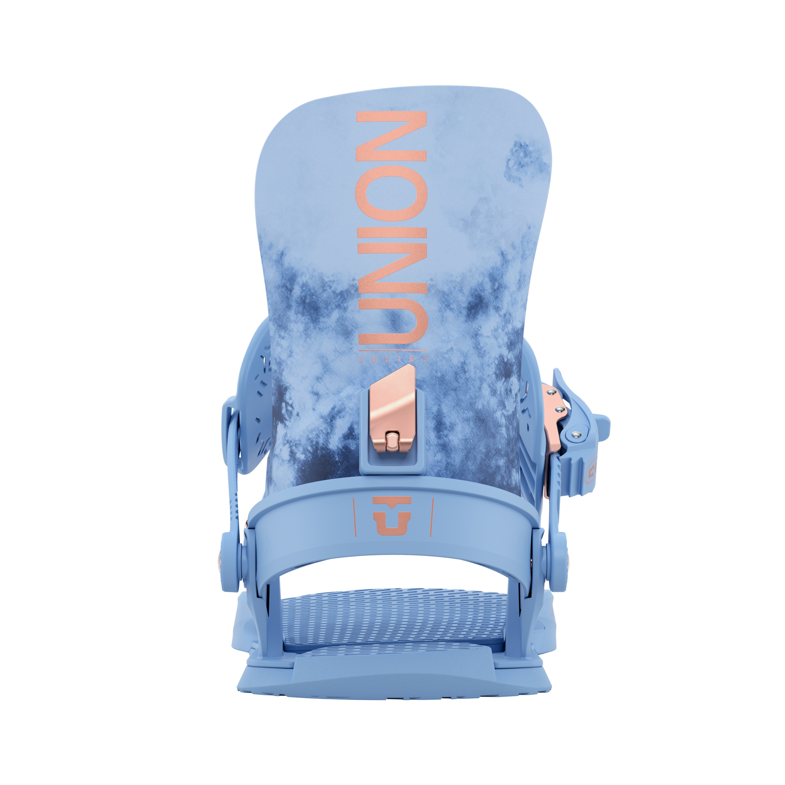 Union Women's Juliet Snowboard Binding - A light blue snowboard binding with a pink logo and hardware, featuring a marbled pattern on the baseplate.