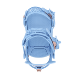 Union Women's Juliet Snowboard Binding - A light blue snowboard binding with a geometric pattern on the strap and rose gold buckles.