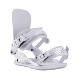 Union Women's Legacy Snowboard Binding - A white snowboard binding with a gray patterned baseplate and black screws, featuring a strap that wraps around the boot.
