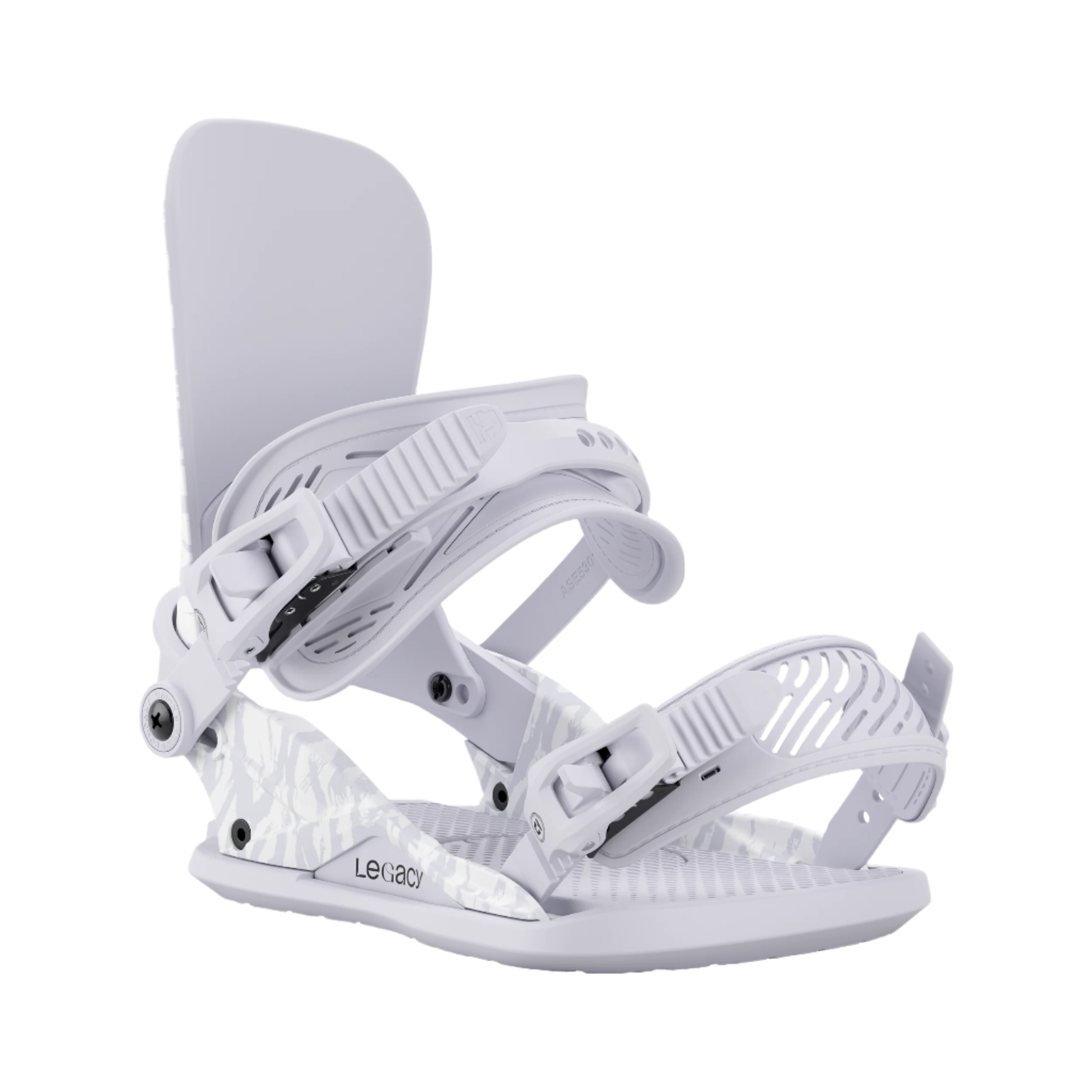 Union Women's Legacy Snowboard Binding - A white snowboard binding with a gray patterned baseplate and black screws, featuring a strap that wraps around the boot.