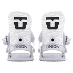 Union Women's Legacy Snowboard Binding 2026 - A pair of white snowboard bindings with a black logo on top, featuring a textured pattern and a circular hole in the center.