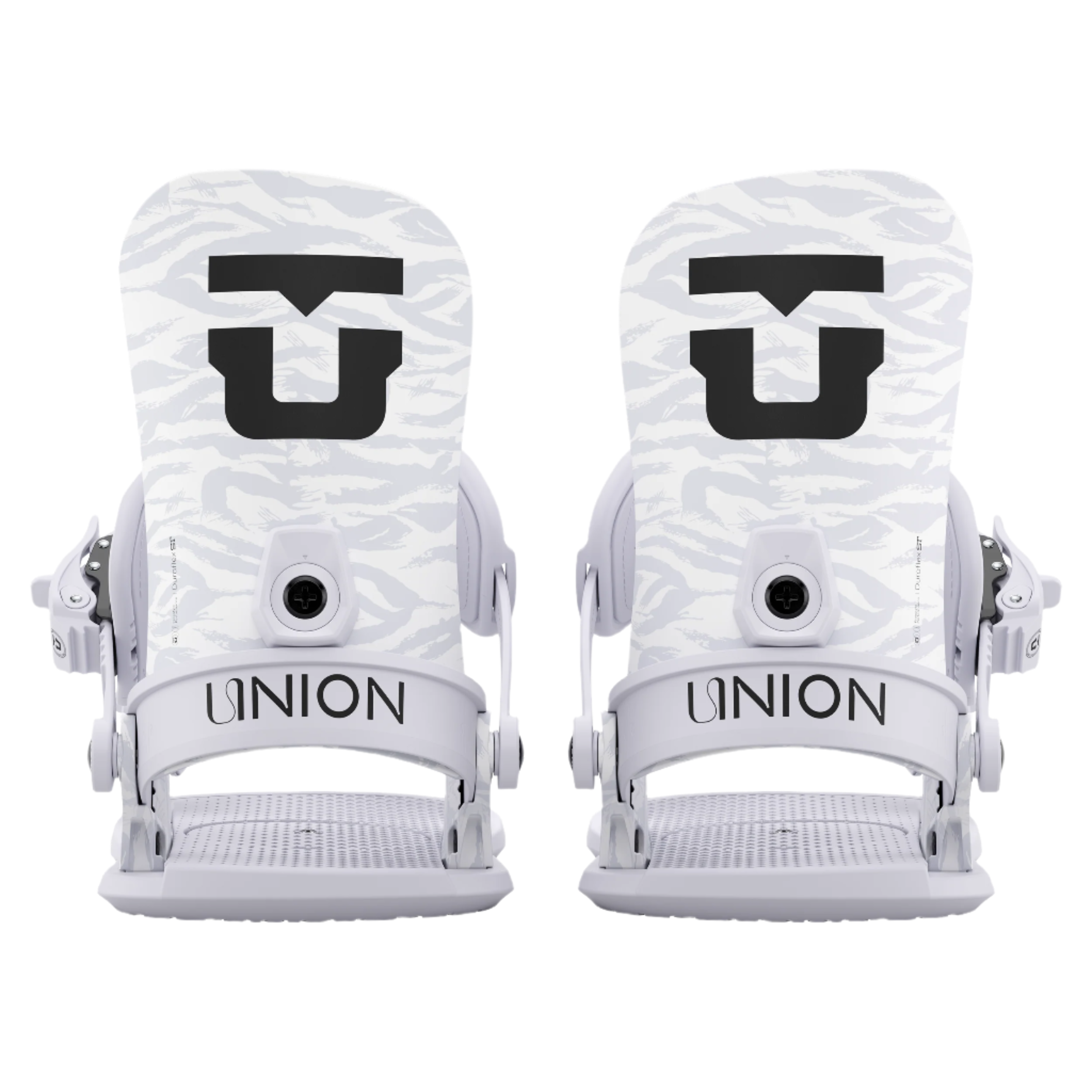 Union Women's Legacy Snowboard Binding 2026 - A pair of white snowboard bindings with a black logo on top, featuring a textured pattern and a circular hole in the center.