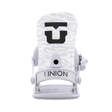 Union Women's Legacy Snowboard Binding 2026 - A white snowboard binding with a black logo on top and a circular hole in the middle.