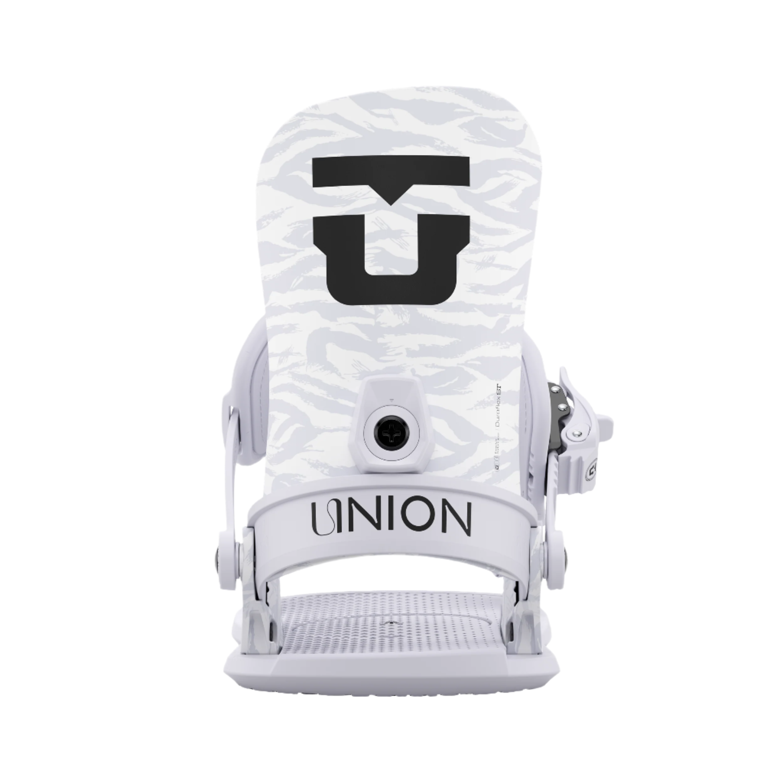Union Women's Legacy Snowboard Binding 2026 - A white snowboard binding with a black logo on top and a circular hole in the middle.