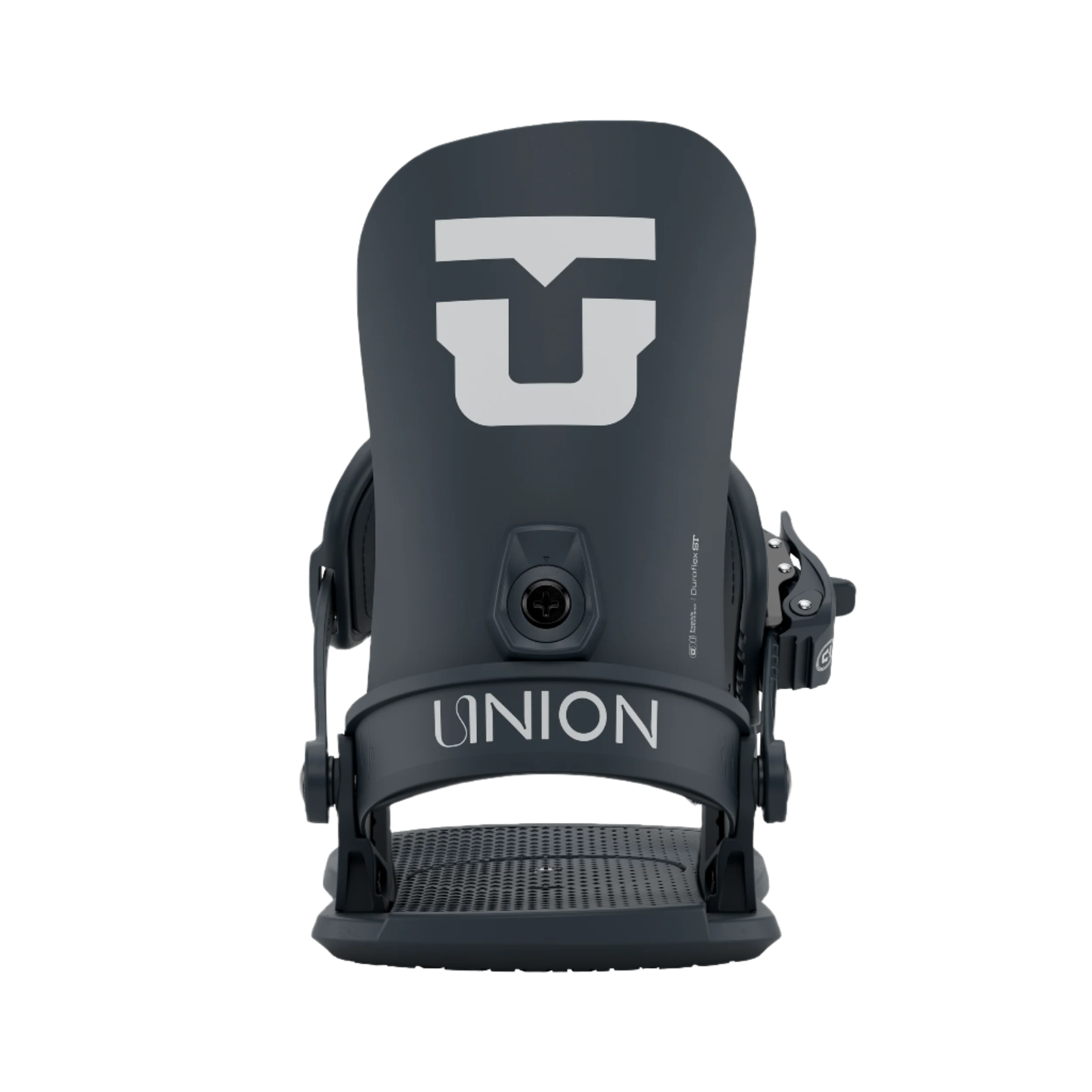 Union Women's Legacy Snowboard Binding 2026 - A black snowboard binding with a large white "U" logo on top and a small circular hole in the middle.