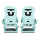 Union Women's Legacy Snowboard Binding 2026 - A light blue snowboard binding with a black logo on top and a circular hole in the middle.