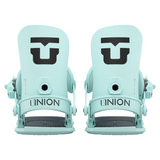 Union Women's Legacy Snowboard Binding 2026 - A light blue snowboard binding with a black logo on top and a circular hole in the middle.