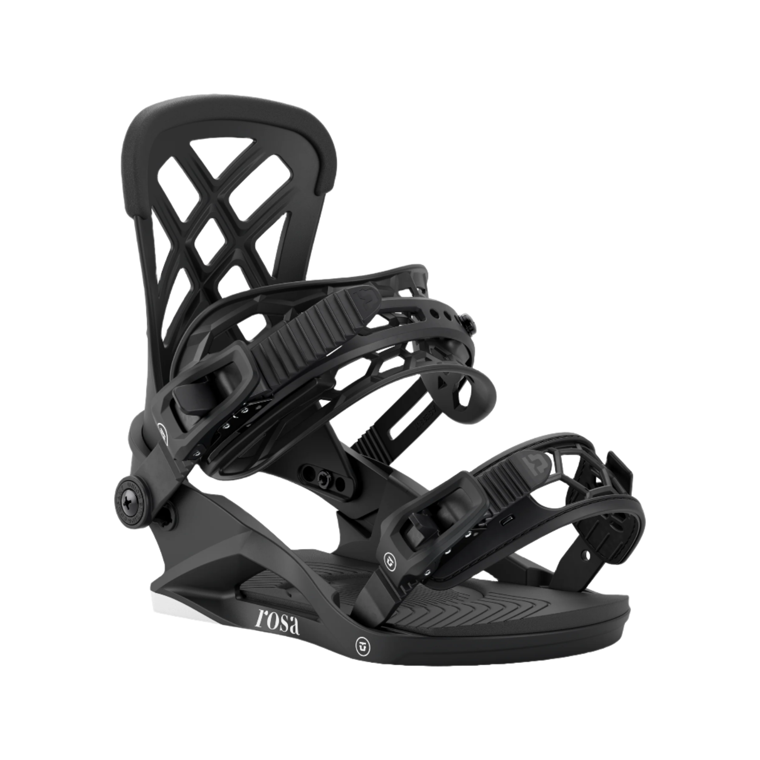 Union Women's Rosa Snowboard Binding - A black snowboard binding with a geometric pattern on the straps and a white logo on the baseplate.