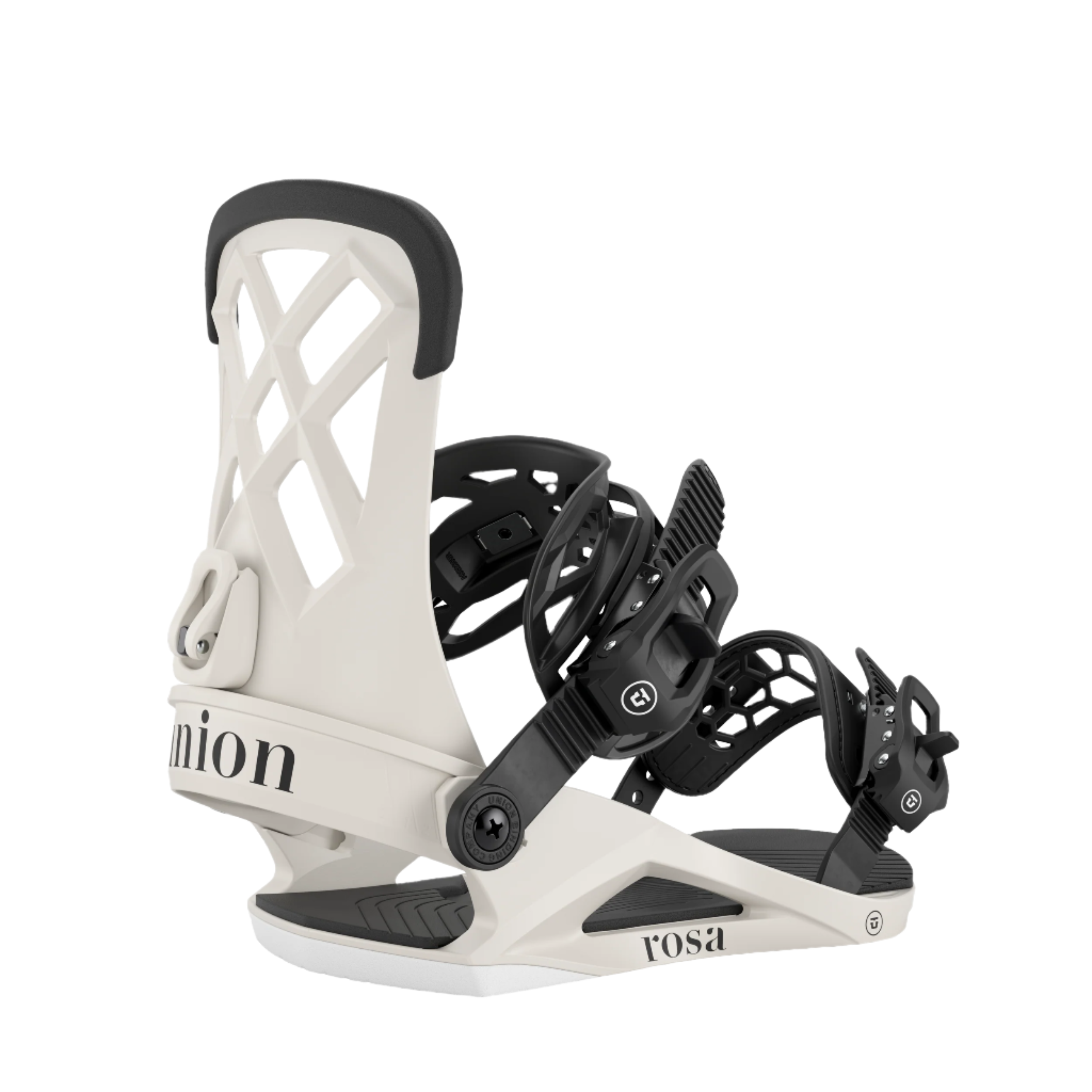Union Women's Rosa Snowboard Binding - A white snowboard binding with a black strap and buckle, featuring a geometric pattern on the baseplate.