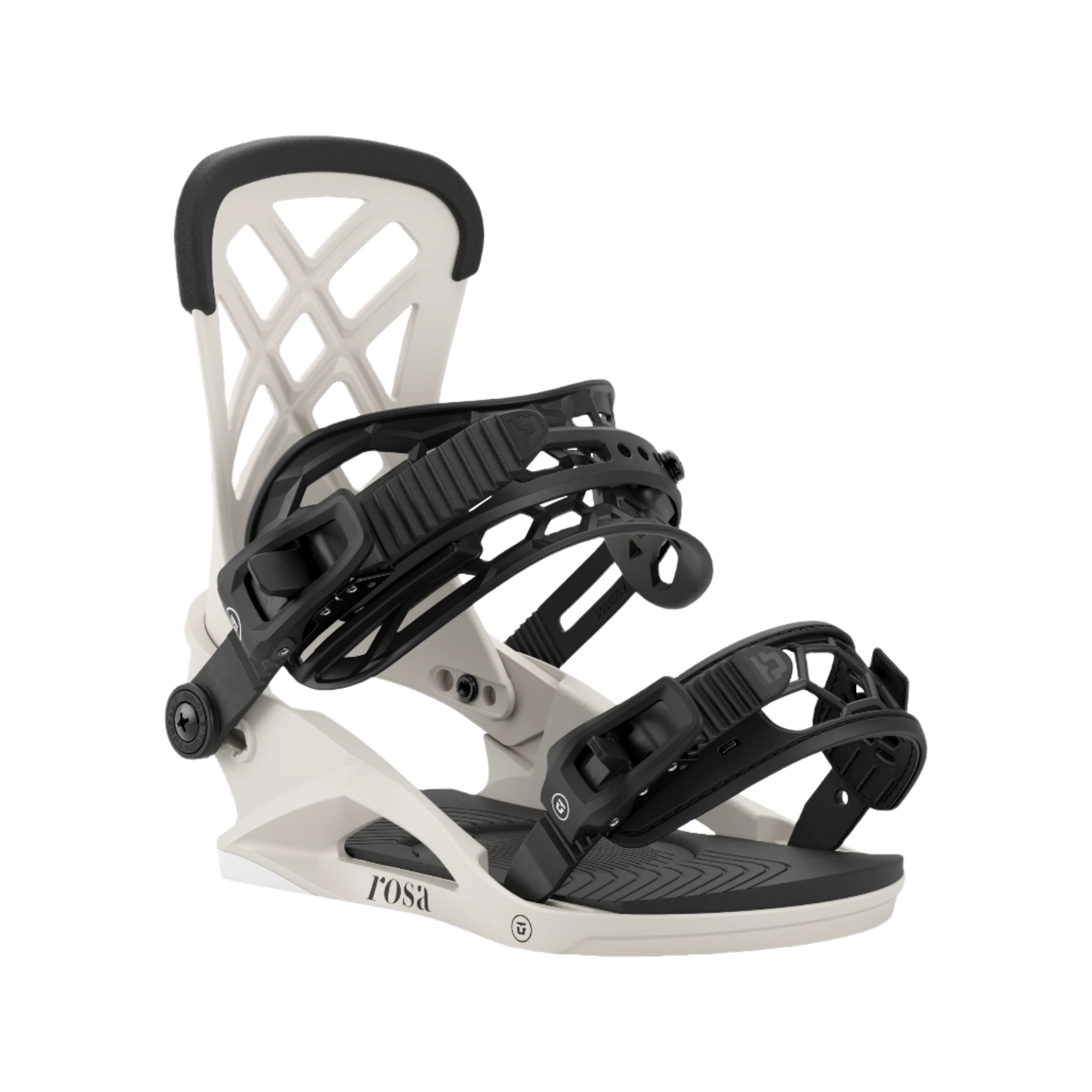 Union Women's Rosa Snowboard Binding - A white snowboard binding with black straps and buckles, featuring a geometric pattern on the strap.