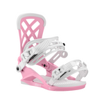 Union Women's Rosa Snowboard Binding - A pink snowboard binding with a white strap and buckle, featuring a geometric pattern on the baseplate.