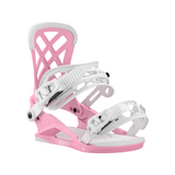 Union Women's Rosa Snowboard Binding - A pink snowboard binding with a white strap and buckle, featuring a geometric pattern on the baseplate.