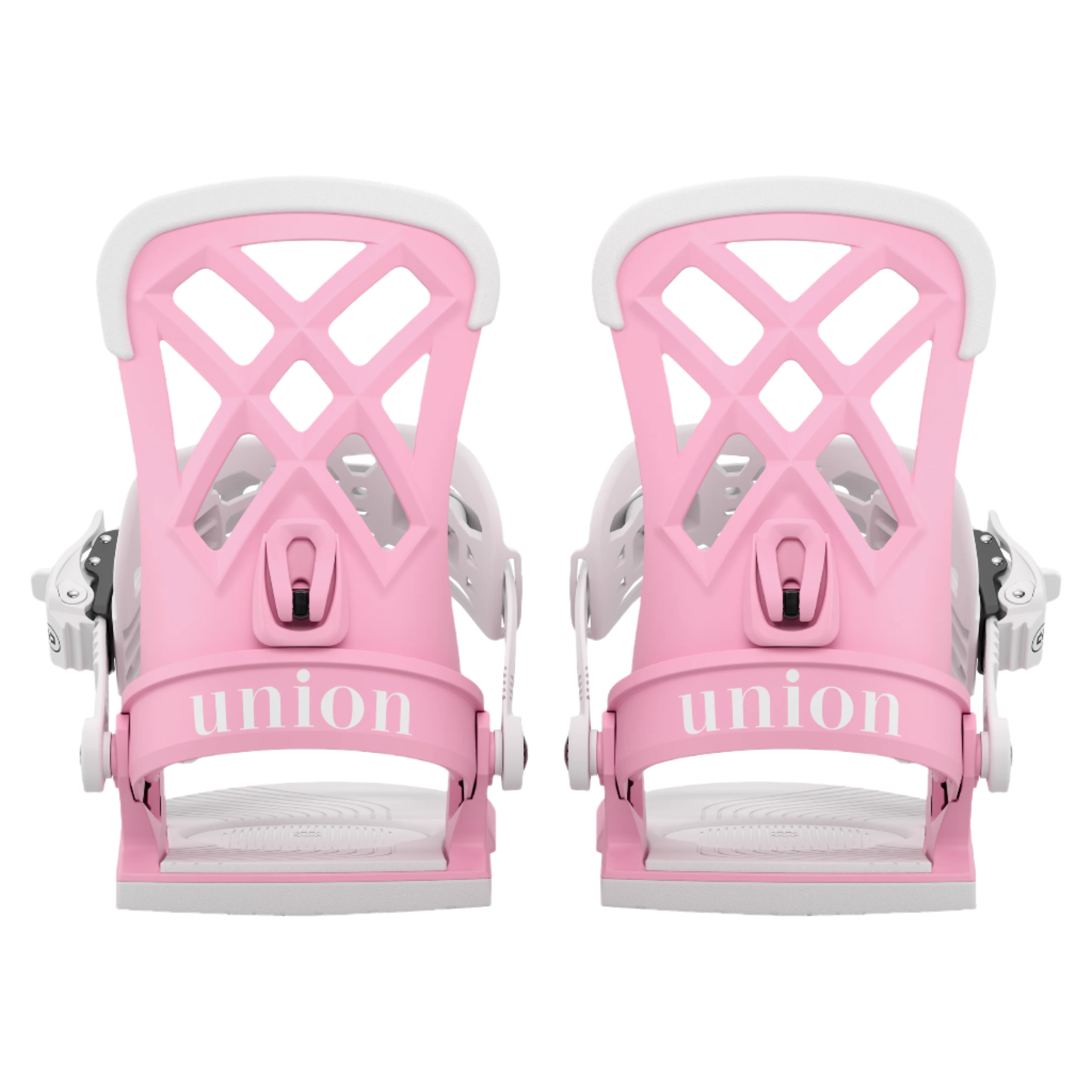 Union Women's - Rosa Snowboard Binding 2026 is shown in a light pink color with white accents and a geometric pattern on the straps.