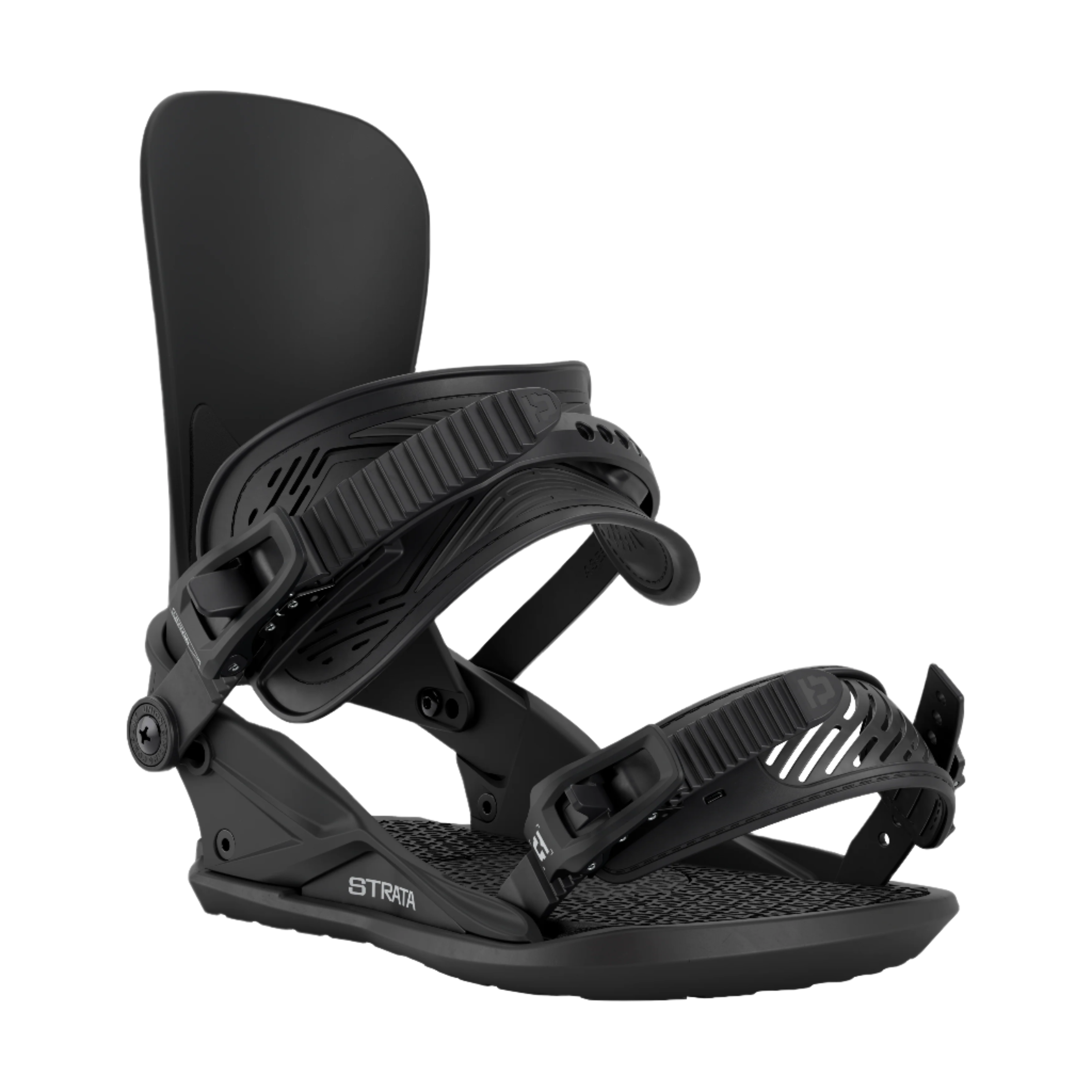 Union Strata Snowboard Bindings 2026 - Black bindings with a sleek, modern design and silver buckles.